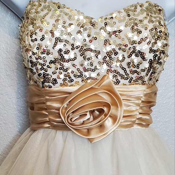 Champagne Gold Satin Sequin Tulle Strapless Mini Cocktail Party Dress Size 6/7 - Picture 4 of 9